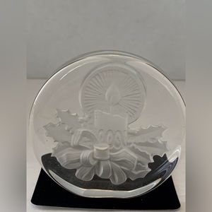 Vintage 24% Lead Crystal Etched Candle w/ Holly Paperweight